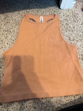 Ribbed High-Neck Crop Tank Bra in Peach